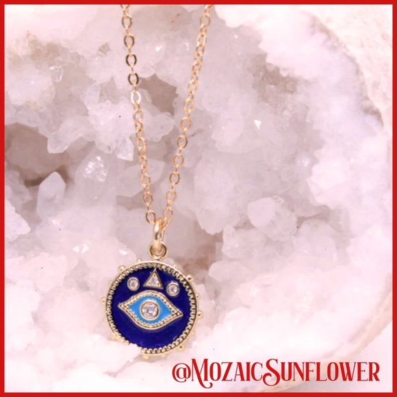 Nazar Evil Eye Cobalt Blue Turquoise Enamel Rose Gold Inset Crystals O Chain NWT - Picture 6 of 6